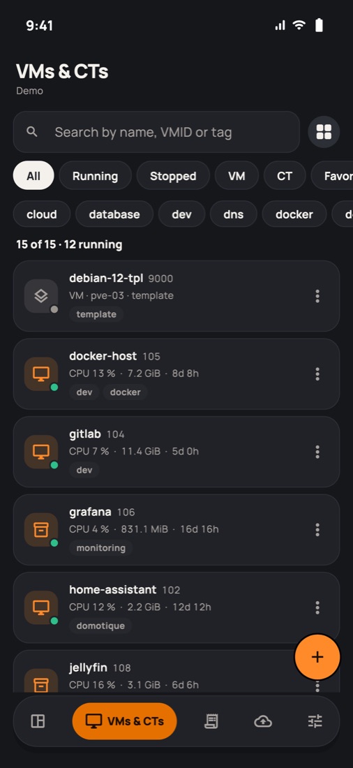 VM and container list